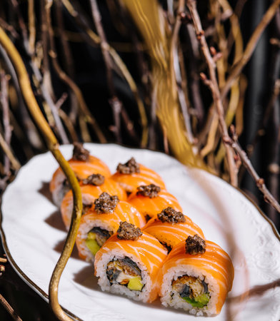 Exquisite salmon sushi roll topped with truffles, presented on a stylish white plate with artistic backdropの写真素材