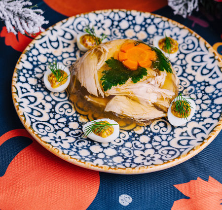 Traditional jellied poultry aspic garnished with vegetables on an ornate plate with winter decorの写真素材