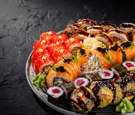 Variety of sushi, including nigiri and rolls, artistically presented on a black slateの写真素材