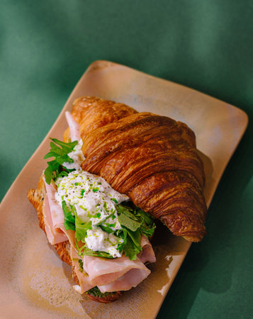 Fresh croissant sandwich with ham, cheese, and greens, served on a stylish plateの写真素材