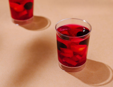 Three glasses of red berry mocktails on a warm beige background with playful shadows