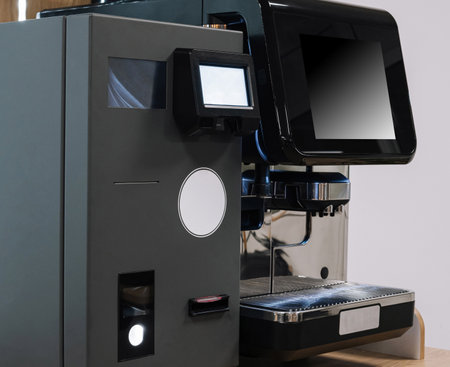 Professional espresso machine with a sleek design, ready to brew coffee on a kitchen counter