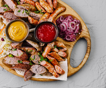 Top view of a wooden serving board with various grilled sausages, condiments, and garnishesの写真素材