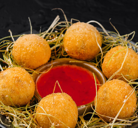 Gourmet fried cheese balls served with dipping sauce on a rustic hay nest plate