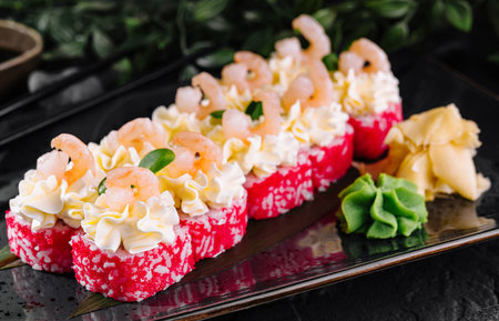 Exquisite sushi rolls topped with shrimp, caviar, and creamy sauce on a sleek black plateの写真素材