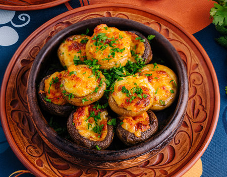 baked mushrooms stuffed with meat and cheese served in authentic cookwareの写真素材