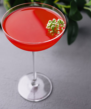 Vibrant red cocktail in a stemmed glass, adorned with white flowers, presented on a sleek surfaceの写真素材