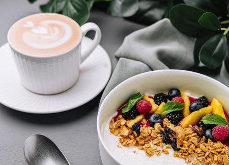 Nourishing bowl of yogurt with granola and berries paired with a latte on a minimalistic grey backdropの写真素材