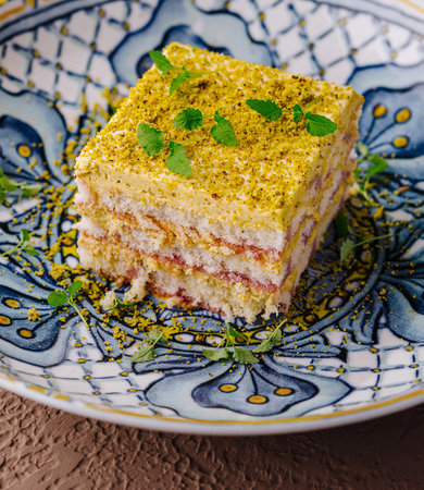 Slice of persian love cake garnished with pistachios on an ornate plate, showcasing middle eastern dessertの写真素材