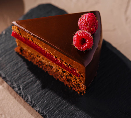 Gourmet slice of chocolate cake topped with raspberries, beside a full cakeの写真素材