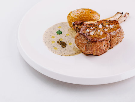 Succulent grilled lamb chop with a golden potato garnish and creamy sauceの写真素材