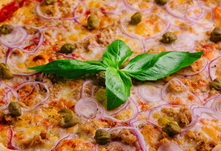 Appetizing pizza with toppings close upの写真素材