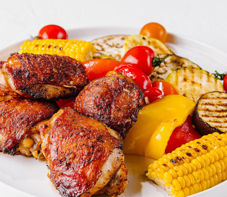 Succulent grilled chicken thighs alongside roasted corn, peppers, tomatoes, and eggplant on a white plateの写真素材