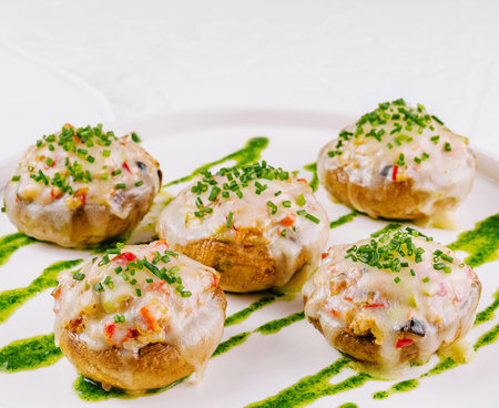 Elegant stuffed mushrooms with creamy filling served on a clean white plate, garnished with fresh herbsの写真素材