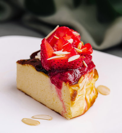 Delectable slice of strawberry cheesecake garnished with fresh berries and almond flakes, served on a white plateの写真素材