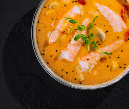 Top view of a bowl of creamy shrimp soup garnished with herbs, served on a textured dark slate surfaceの写真素材