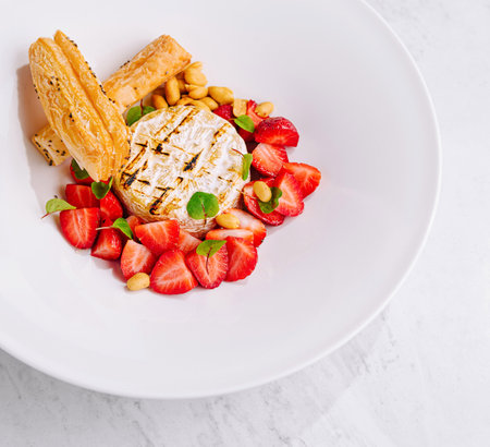 Exquisite and elegant gourmet bbq cheese presentation with plated sweet puff pastry and fresh strawberries on a white plate. Showcased in a top view on a marble backgroundの写真素材