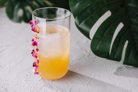 Refreshing tropical drink adorned with a delicate orchid on a textured table with green foliageの写真素材