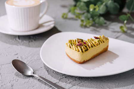 Delicious pistachio dessert on a plate with a cup of coffee in a cozy settingの写真素材