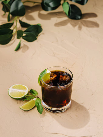 Iced coffee garnished with lime slices and green leaves on a sandy beige surface, evoking a tropical...