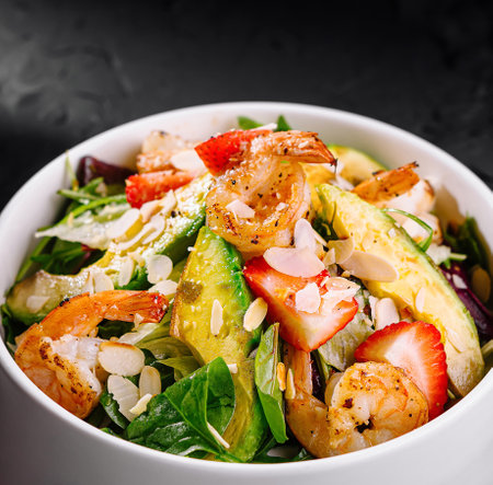 Gourmet shrimp salad with strawberries, greens, and a sprinkle of seeds on a dark backdropの写真素材