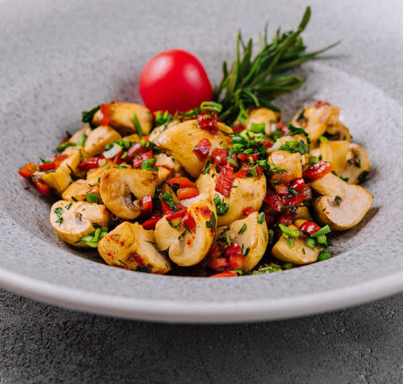 Freshly sauteed mushrooms with herbs garnished with a cherry tomato in a ceramic bowlの写真素材