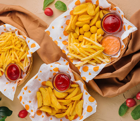 Overhead view of french fries, potato wedges, and fried snacks served with ketchup and mayoの写真素材