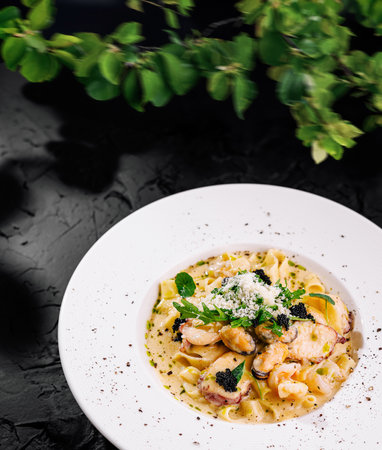 Exquisite shrimp pasta with garnish, served on a classic white plate, ideal for fine diningの写真素材