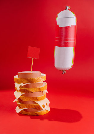 Sandwiches with different ingredients and sausage with blank label levitating on red backgroundの写真素材