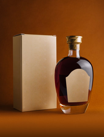 Bottle of liquor with blank label and cardboard packaging standing on orange backgroundの写真素材