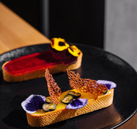 Elegant dessert with vibrant garnishes served on a sleek black plate, showcasing fine dining style