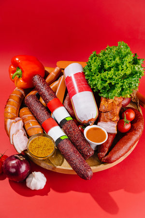 Assortment of various sausages, meat products and fresh vegetables lying on wooden cutting board on red backgroundの写真素材