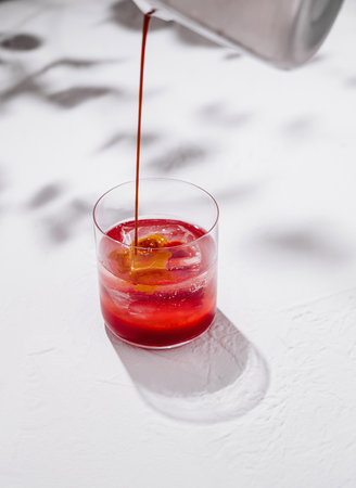 Refreshing summer cocktail is being prepared with care by a bartenderの写真素材