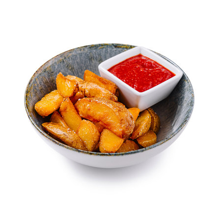 Crispy golden brown potato wedges seasoned to perfection are served with a side of tangy tomato sauce, making for a delicious and satisfying snack or side dishの写真素材