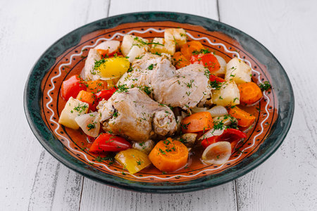 Chicken stew with potatoes, onions, carrots, bell peppers and dill garnish served on a plateの写真素材