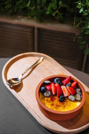 Creme brulee is a classic french dessert consisting of a rich custard base topped with a contrasting layer of hard caramel and fresh berriesの写真素材