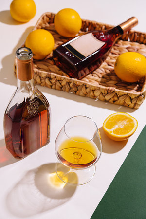 Bottle and a glass of cognac are laying on a white and green background with lemons in a wicker trayの写真素材