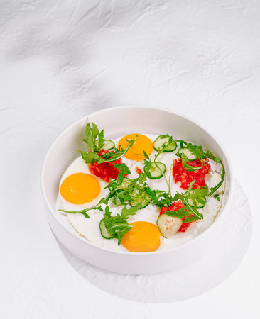Sunny side up eggs with arugula, chopped tomatoes and cucumbers served on white plateの写真素材