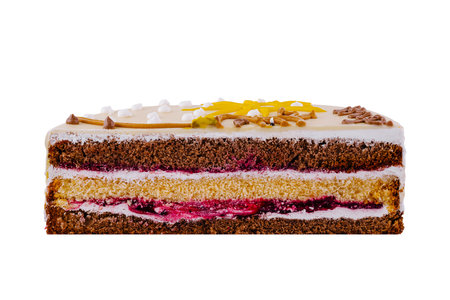 Slice of delicious cake showing layers of chocolate sponge and cream filling is isolated on a white backgroundの写真素材
