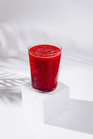 Glass of red berry smoothie is sitting on a white cube with a tropical plant shadowの写真素材