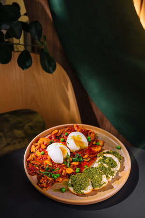 Modern cafe serving a delicious and healthy meal of shakshuka with poached eggs and pesto bruschettaの写真素材