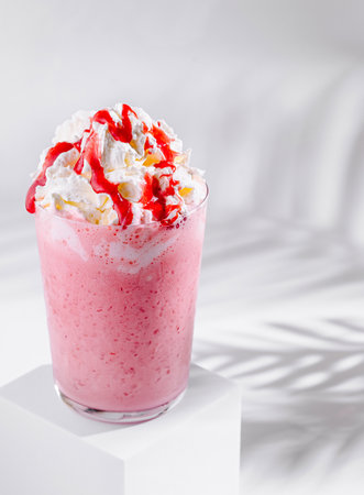 Pink strawberry milkshake topped with whipped cream and red syrup is standing on white cube on white background with shadowsの写真素材