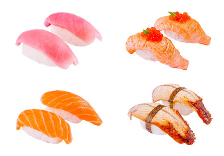 Selection of delicious sushi pieces are floating, featuring salmon, tuna and eel sashimiの写真素材