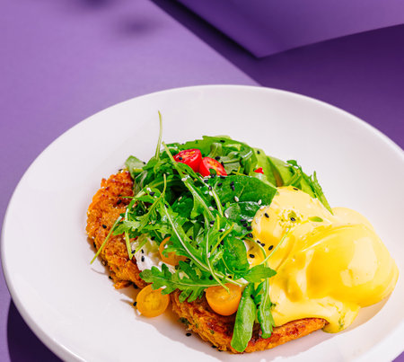 Sweet potato pancakes topped with poached egg, arugula, tomatoes, avocado and black sesame seeds on white plateの写真素材