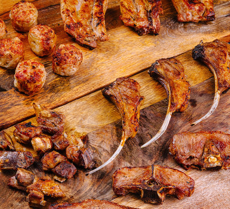 Grilled lamb chops, sausages, and other meat appetizers are presented on wooden boards, showcasing a delicious culinary experienceの写真素材