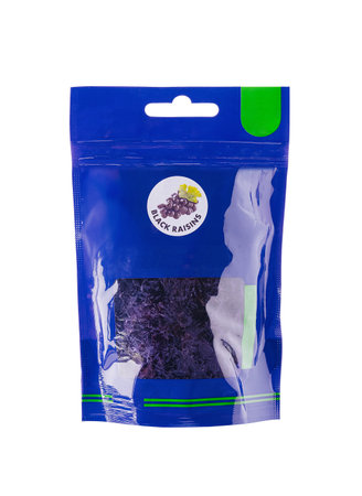 Blue retail bag of black raisins is standing up and isolated on a white backgroundの写真素材