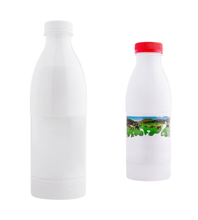Two white blank plastic bottles with a red and a white cap standing on a white backgroundの写真素材