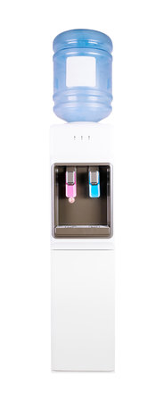 White water cooler with a big blue bottle standing on a white backgroundの写真素材