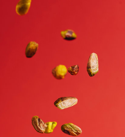 Pistachios with opened shells falling down on a red background