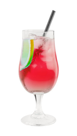 Refreshing red cocktail stands in a tall glass with ice, a lime slice, and a black strawの写真素材
